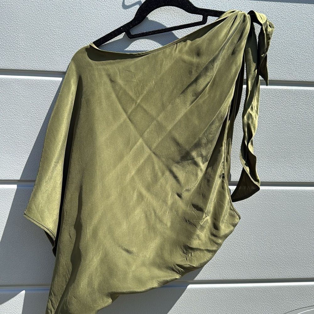 Dark Green One Shoulder Knotted Top - Silk Green Top Size Small - Emerson Thorpe